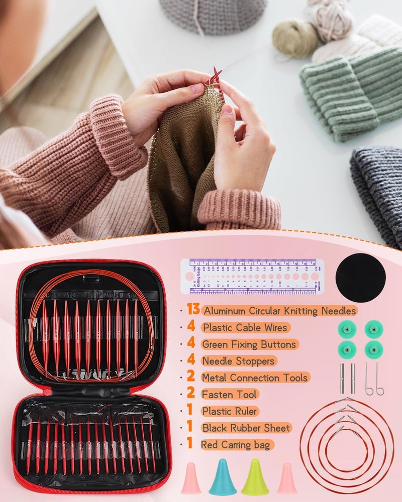 Aeelike Interchangeable Knitting Needle Set with Circular Cable for Crafters, 13 Circular Knitting Needles with 4 Cable, 3-10 mm Aluminum Knitting Needles for Beginner, DIY Crafts, Red Needle Set - Image 3